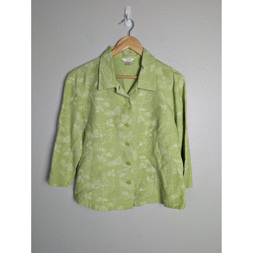 Vintage Christopher & Banks Button-Up Womens M‎ Green Floral Collared 3/4 Sleeve